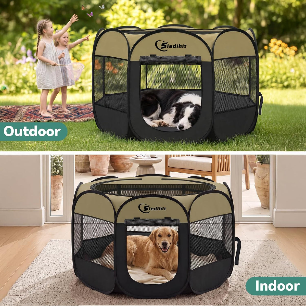 Siedihit Dog Cat Playpen, Puppy Pet Playpen Indoor for Small Dog Crate Tent Cage Outdoor, Portable - Black Khaki / Large - image 2