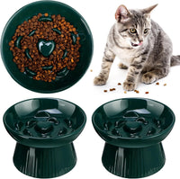 Tioncy 2 Pcs Ceramic Elevated Slow Feeder Cat Bowl - Dark Green / 2