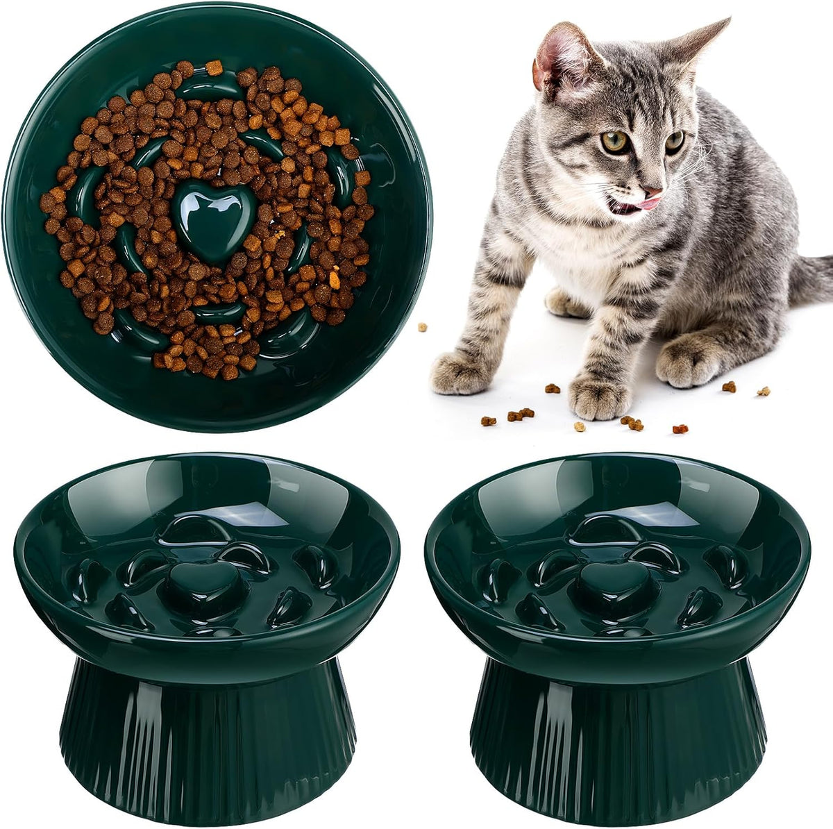 Tioncy 2 Pcs Ceramic Elevated Slow Feeder Cat Bowl - Dark Green / 2
