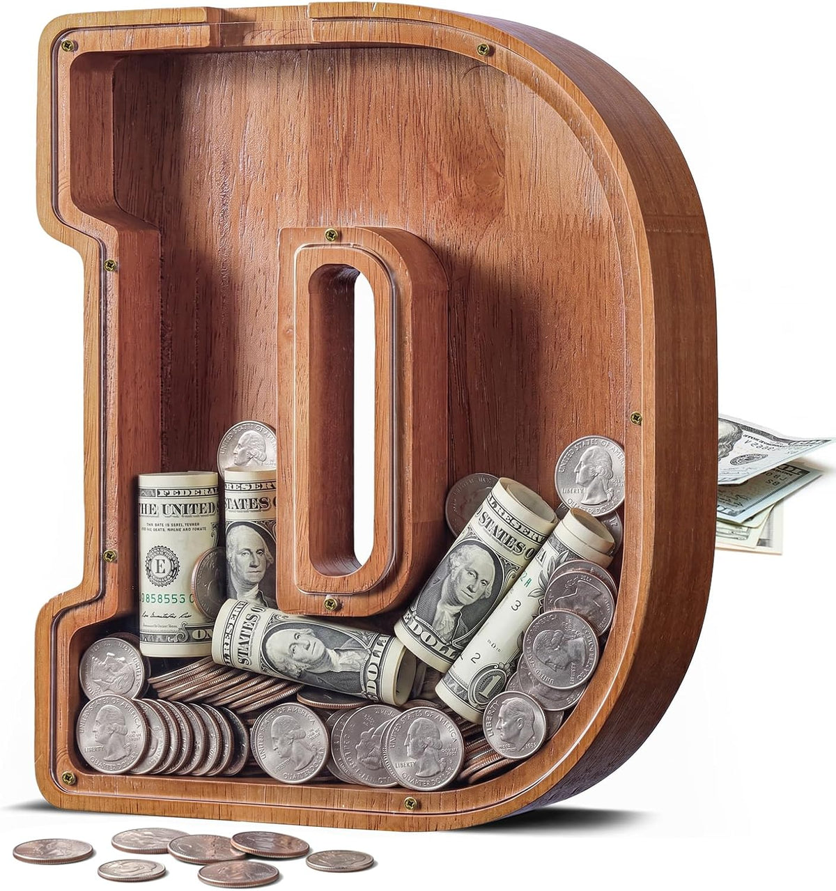 KMC wooden letter piggy bank, oak initial coin bank with clear plexiglass front - view 4