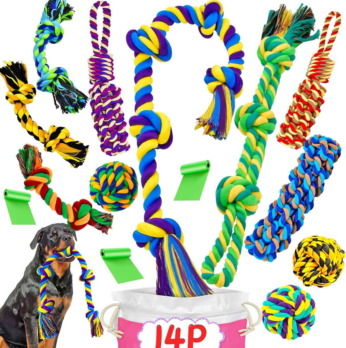 Dog Rope Toy for Large Dogs Heavy Duty Dog Chew Toys for Aggressive - 14 Packs / Large