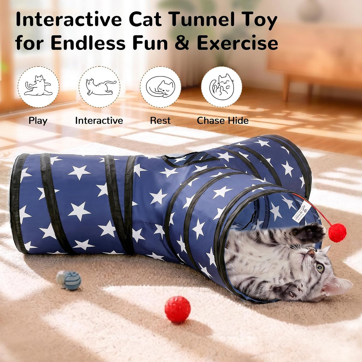 Tempcore Cat Tunnel, 3-Way Collapsible Toy for Indoor Cats - Pentagram / Small - image 4