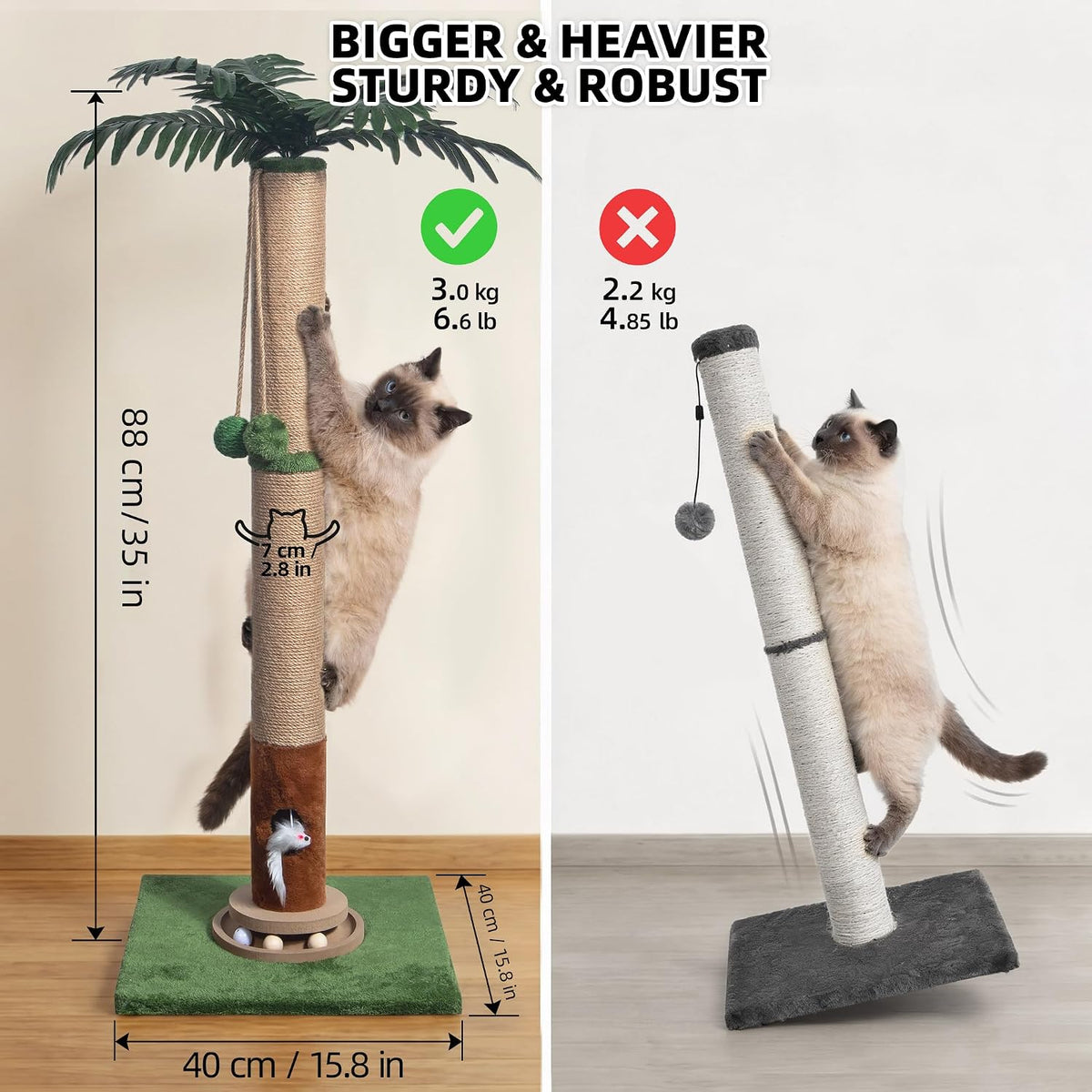 Cat Scratching Post 35'' Tall with Toy Mouse for Indoor Cats - Green-35 Inches - image 3