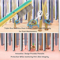 Premium Flea Comb for Dogs & Cats with Long Hair - 3-Row Stainless Steel Detection Tool with Manual Cleaning Brush | Electric Negative Ion Grooming Comb for Shaggy Dogs, Cats and Long-haired Animals