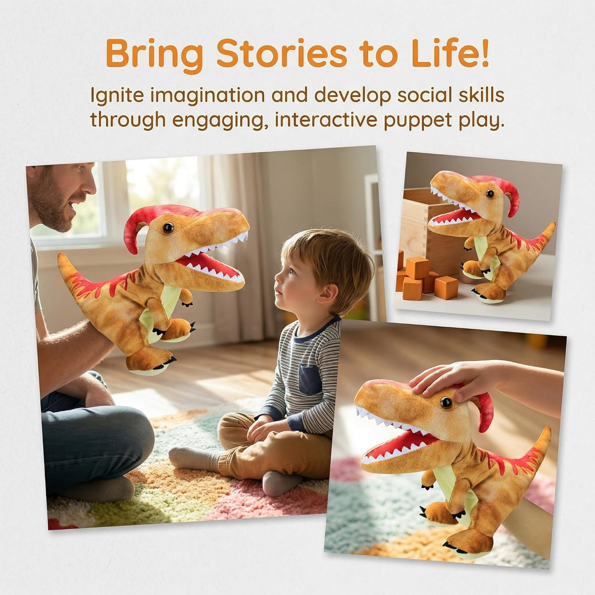 Marine Animals Hand Puppets for Kids, Toddler Includes Sharks - Parasaurolophus / Dinosaurs - image 3