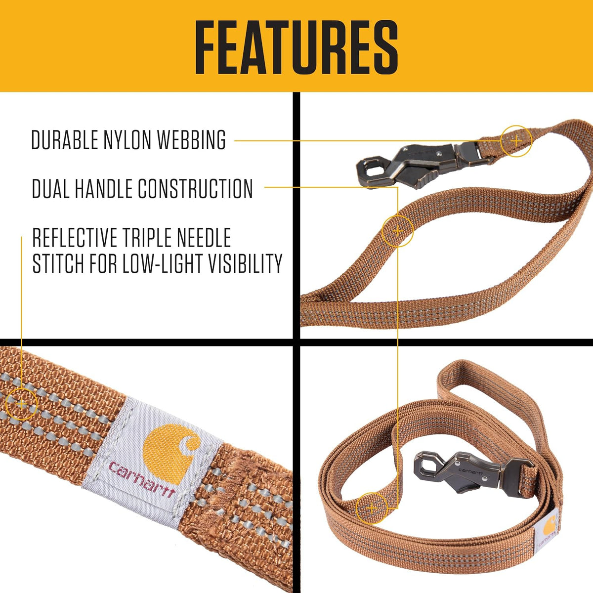 Carhartt Nylon Dual Handle Dog Leash Carhartt Brown L – Essentials for Dogs - Carhartt Brown / Large (6'Length x 1' Width) - image 2