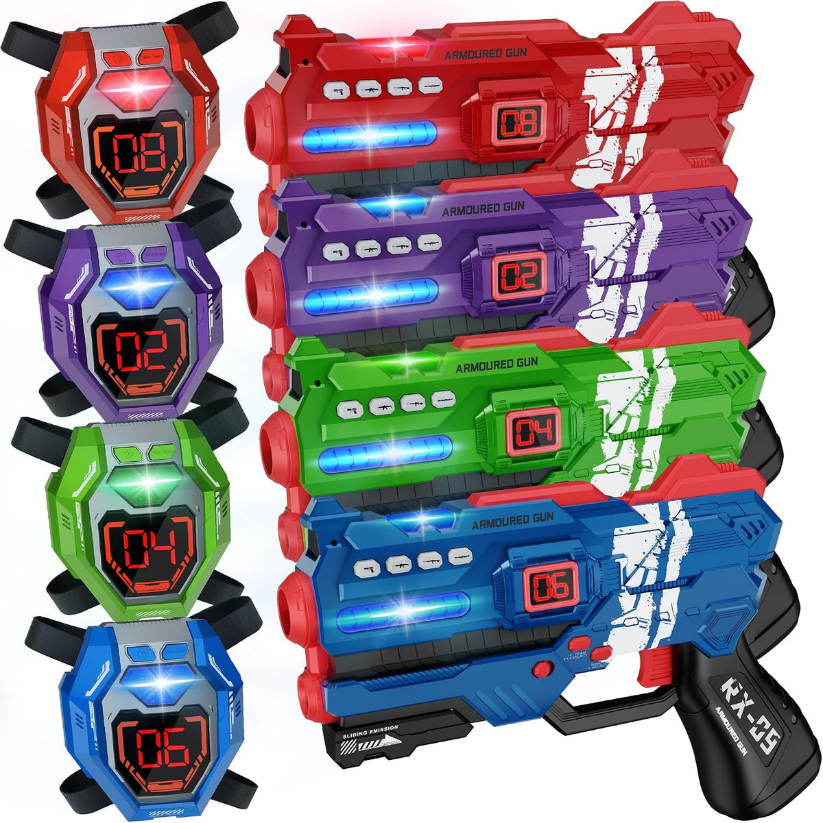 Laser Tag Guns Set of 4 Laser Tag Guns with Digital LED Score Display - Red Purple Green Blue