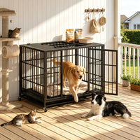 Heavy Duty Dog Crate , Mobile Pet Kennel with Lockable Wheels & Rotary Twist-Latch, Indoor Outdoor Metal Cage with Perfo