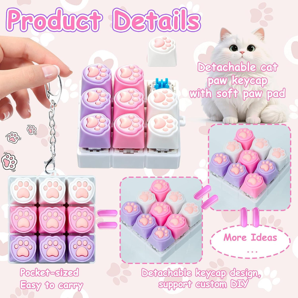 XiawaLangzhuo cat paw keyboard fidget toy, 9-in-1 clicker keychain in white and purple - view 40