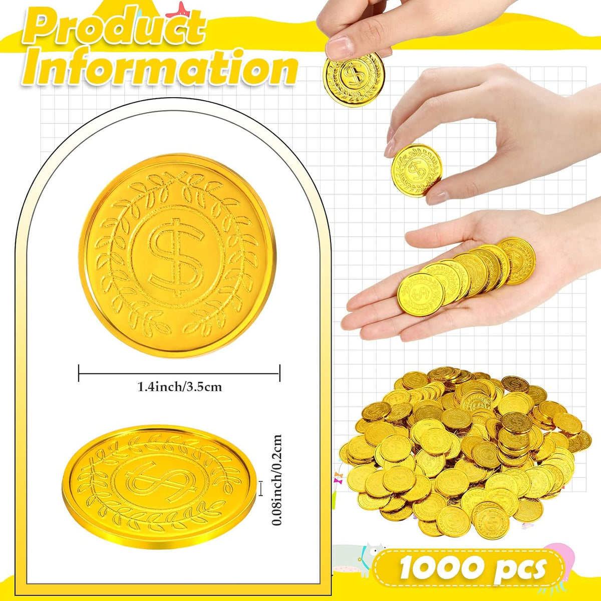 Hanaive plastic pirate gold coins in a pile, 1.38 inch coins with dollar sign design - view 8