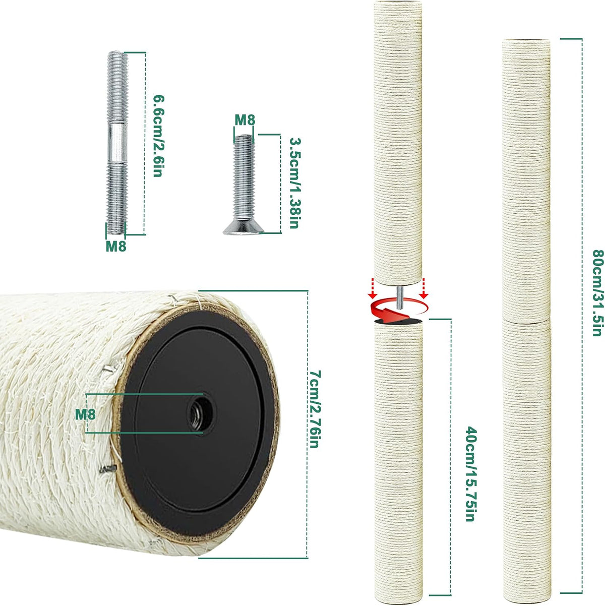 Cat Scratching Post Replacement Pole - M8*4poles / 40 cm / 15.71 in Beige - image 2