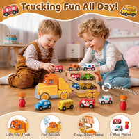 Wanborns car carrier truck toy in yellow with 6 wooden cars and fold-out 30in slide - view 7