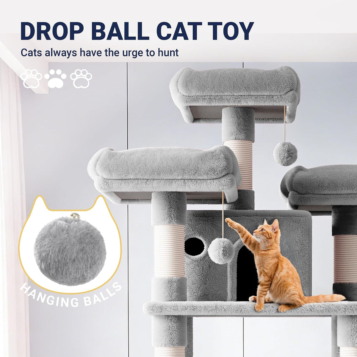 Allewie 68 Inches Cat Tree/House and Towers for Big Feline/Scratching - 82 in / Light Grey - image 3