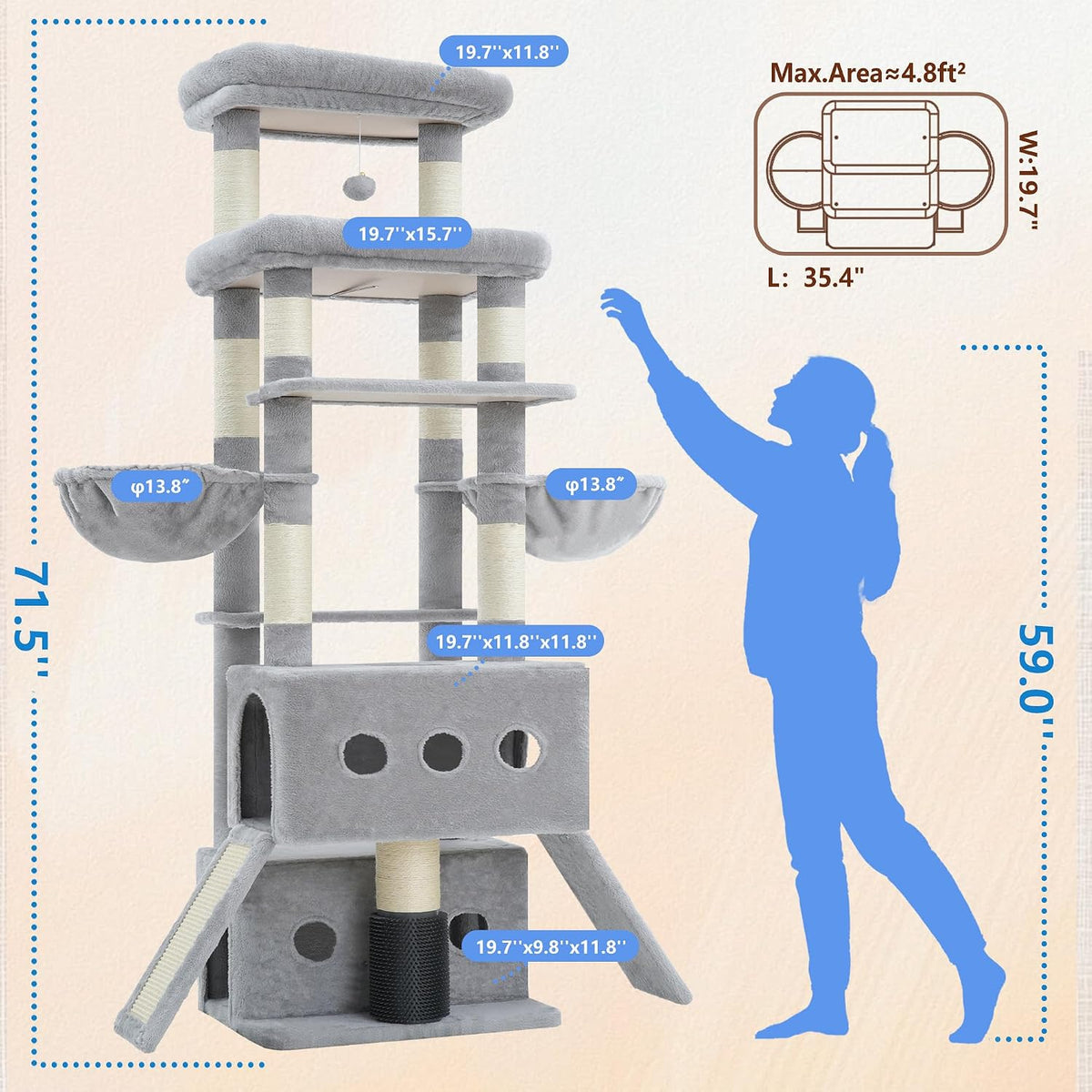 Hey-brother Cat Tree Tower with Large Platform, Spacious Condo - Light Gray / 71.5 Inches - image 2