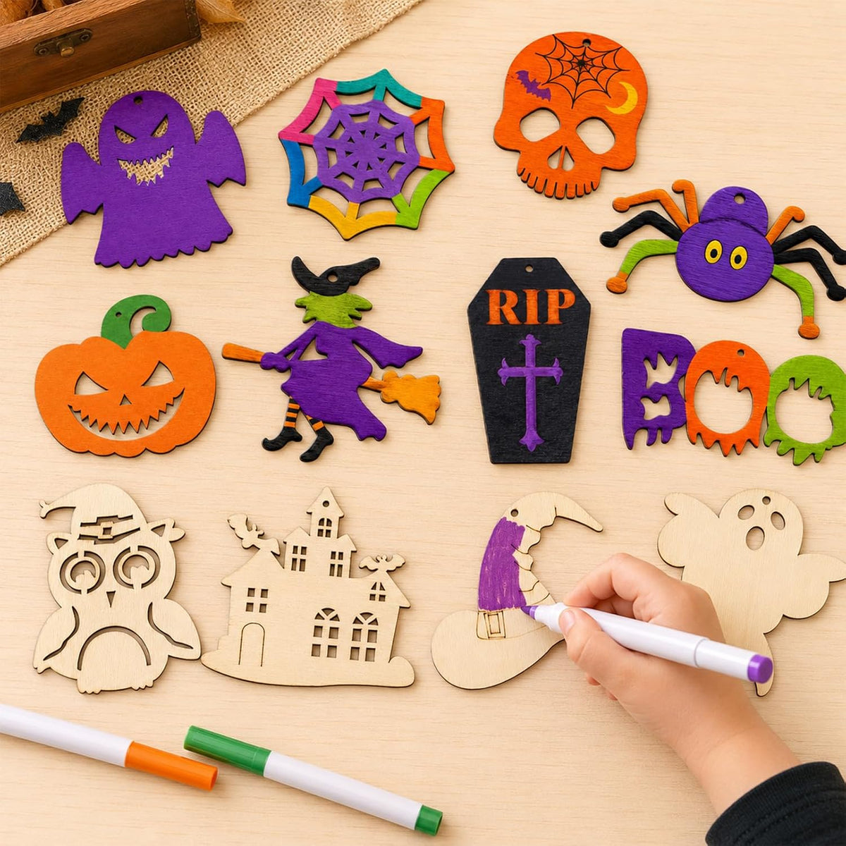 Max Fun 60PCS Halloween Crafts Painting Wooden Slices Cutouts - 60 - image 4
