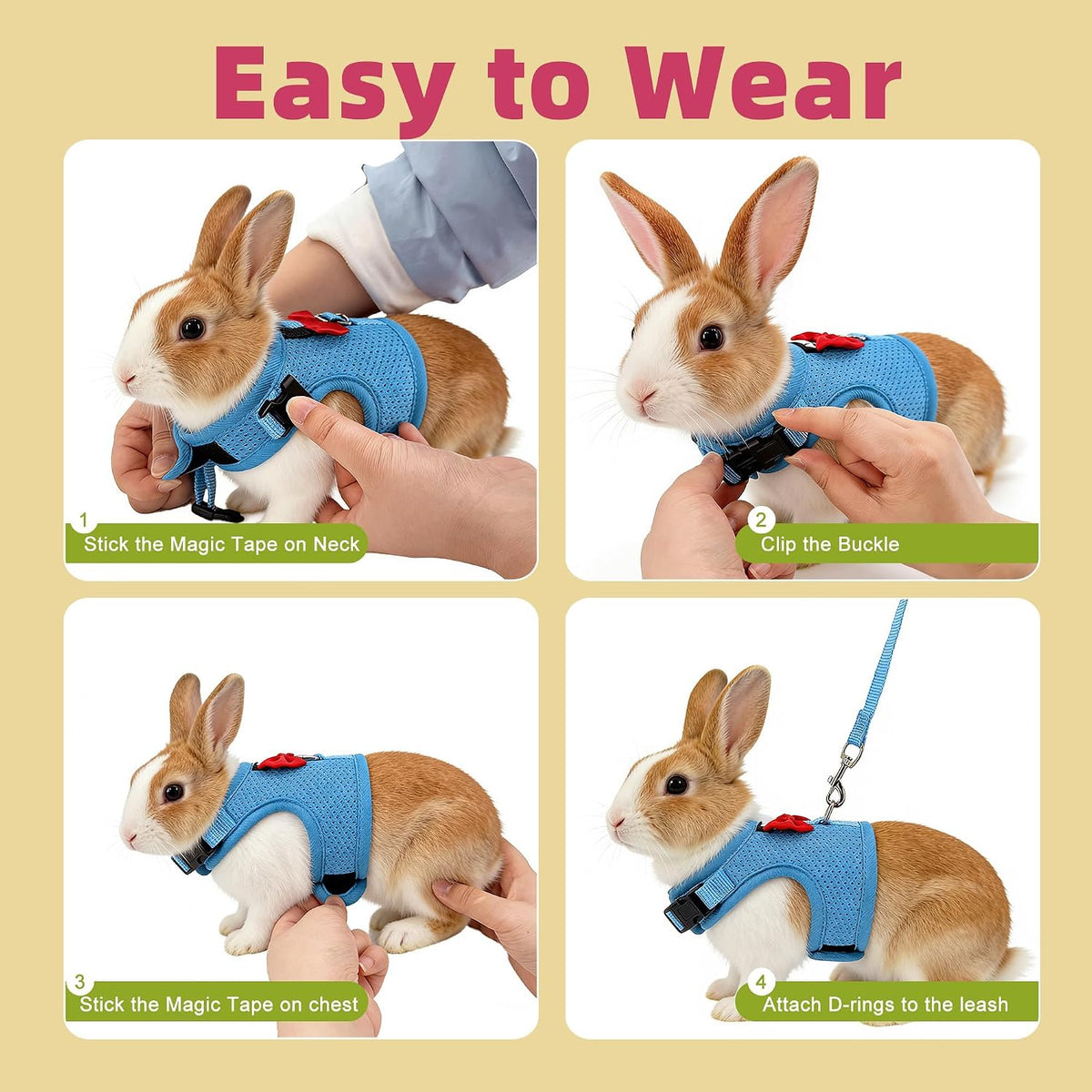 Breathable Bunny Harness and Leash Set with Cute Bow, Black S – Essentials for Small Pets - S / Blue - image 4