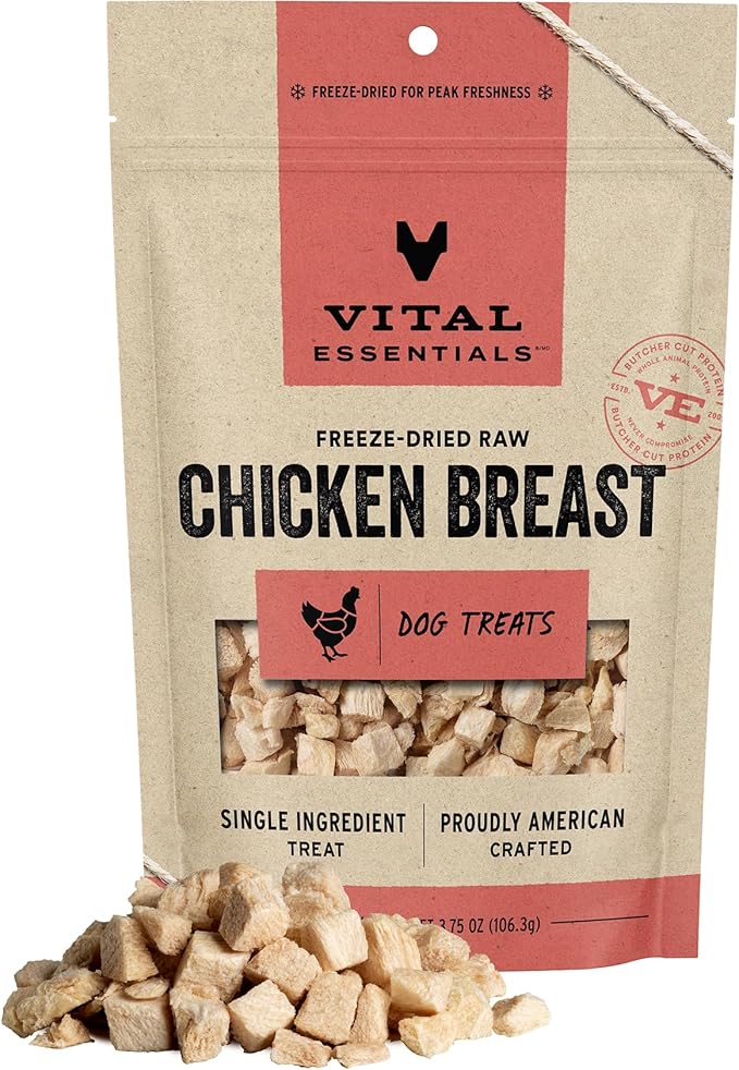Vital Essentials Chicken Breast Dog Treats, 3.75 oz | Freeze-Dried Raw | Single Ingredient | Premium Quality High Protein Training Treats | Grain Free, Gluten Free, Filler Free