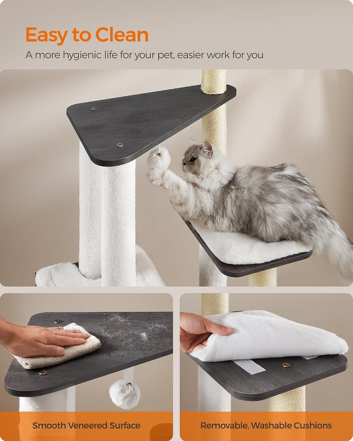 Feandrea Cat Tree, 64.6-Inch Multi-Level Tower with 5 Scratching Posts – Essentials for Cats - Misty Gray - image 4