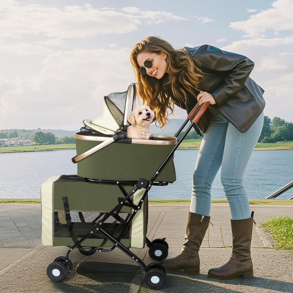 Double Pet Stroller, 4 Lockable Wheels for Small‑Medium Dogs & Cats – Essentials for Dogs - Green - image 2
