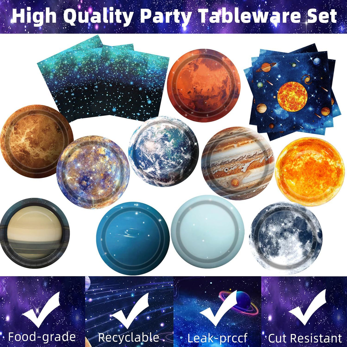 UROINEPA space party plates and napkins with solar system planet designs, 9 inch plates - view 3