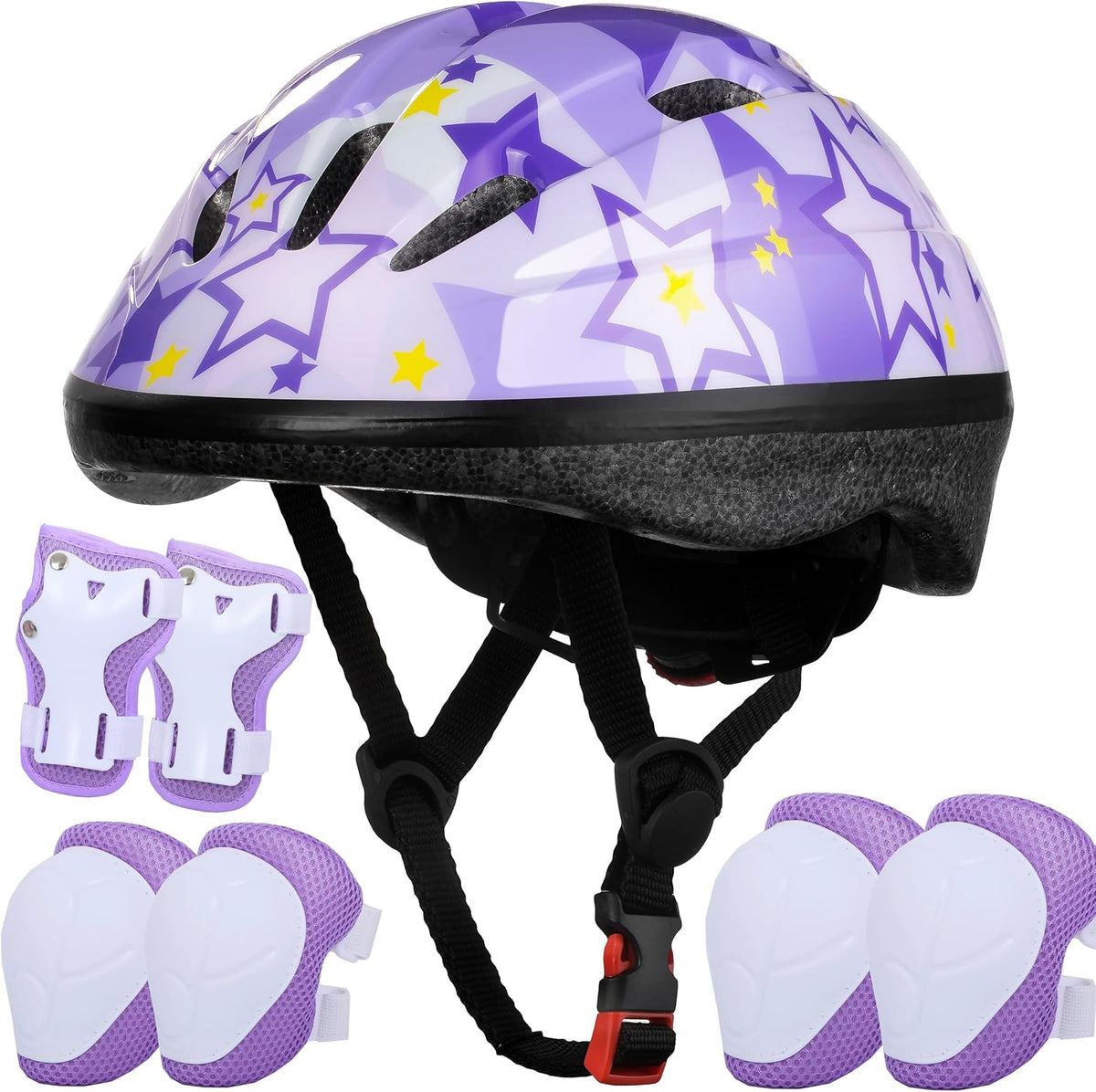 Lamsion Adjustable Kids Bike Helmet with Knee Elbow Wrist Pads - Purple