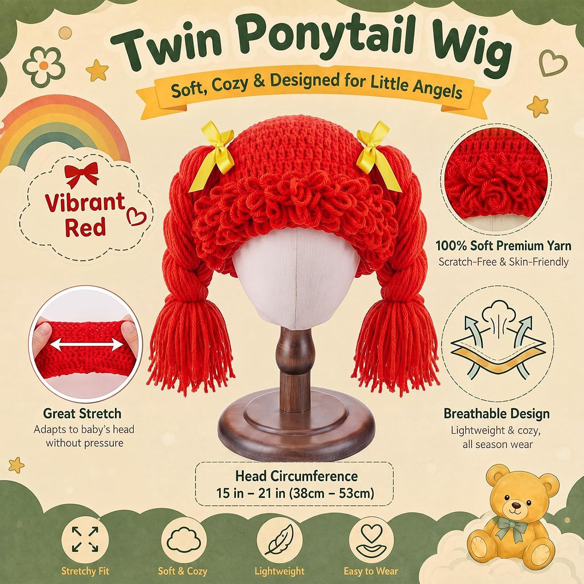 Halloween Cabbage Costume Yarn Wig - Red 4 / Long Braided Pigtails - image 2