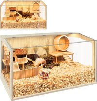 Hamster Cage Chewproof, Large Hamster Cages and Habitats - Natural Oak Wood / 24.0"L x 16.0"W x 16.0"H / Openable Window Roof