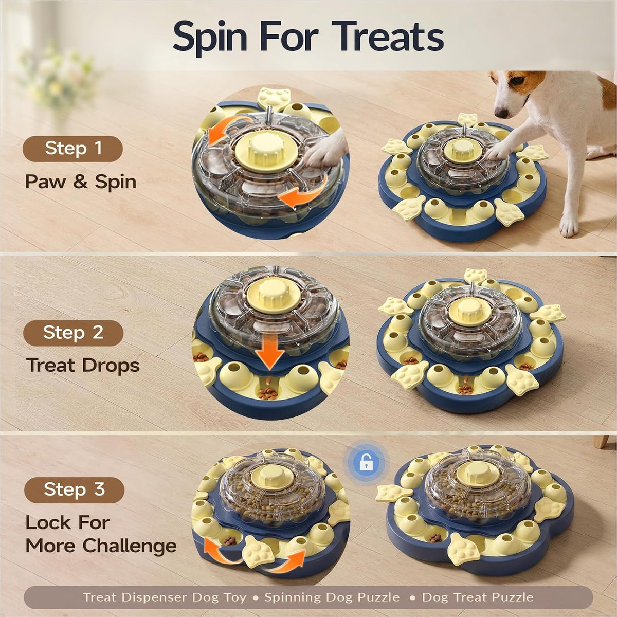 3-Level Dog Puzzle Toy, Spin to Release Treat Dispenser & Slow Feeder – Essentials for Dogs - Sunflower Blue - image 4