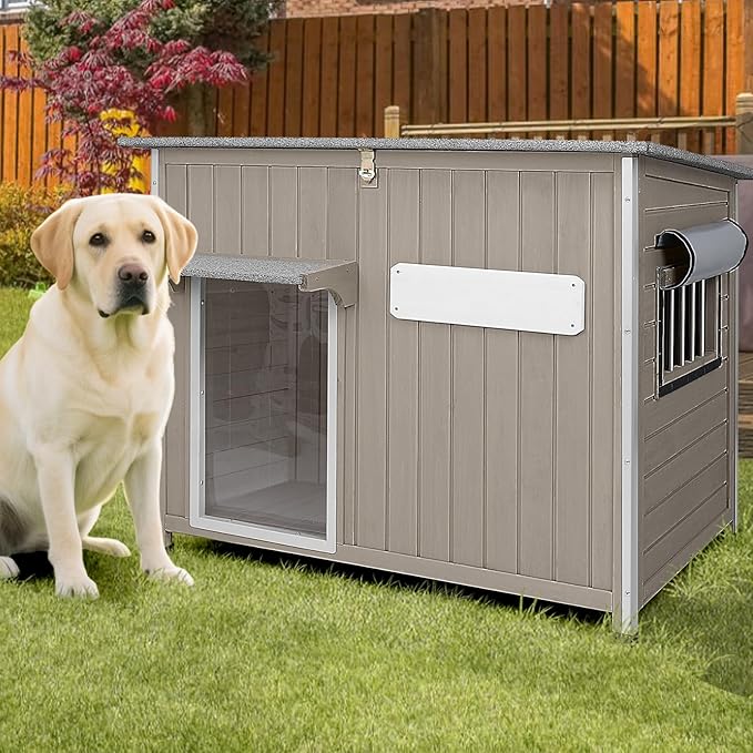 Large Dog House Outdoor XL Wooden Dog House with Weatherproof Asphalt Roof, Chew-Resistant Frame, Removable Floor, for Medium to Large Dogs Indoor Outdoor Use (Grey, 43.3"L x 29.5"W x 33.5"H)