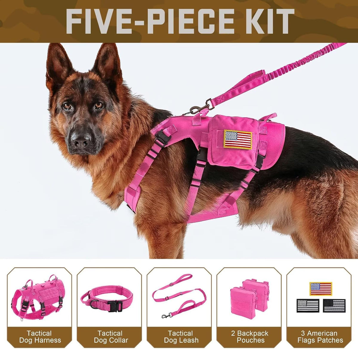 Forestpaw Tactical Dog Harness for Large Dogs, Military, L - L:Chest 27-40",Fit 70-140lbs / Hot Pink - image 2