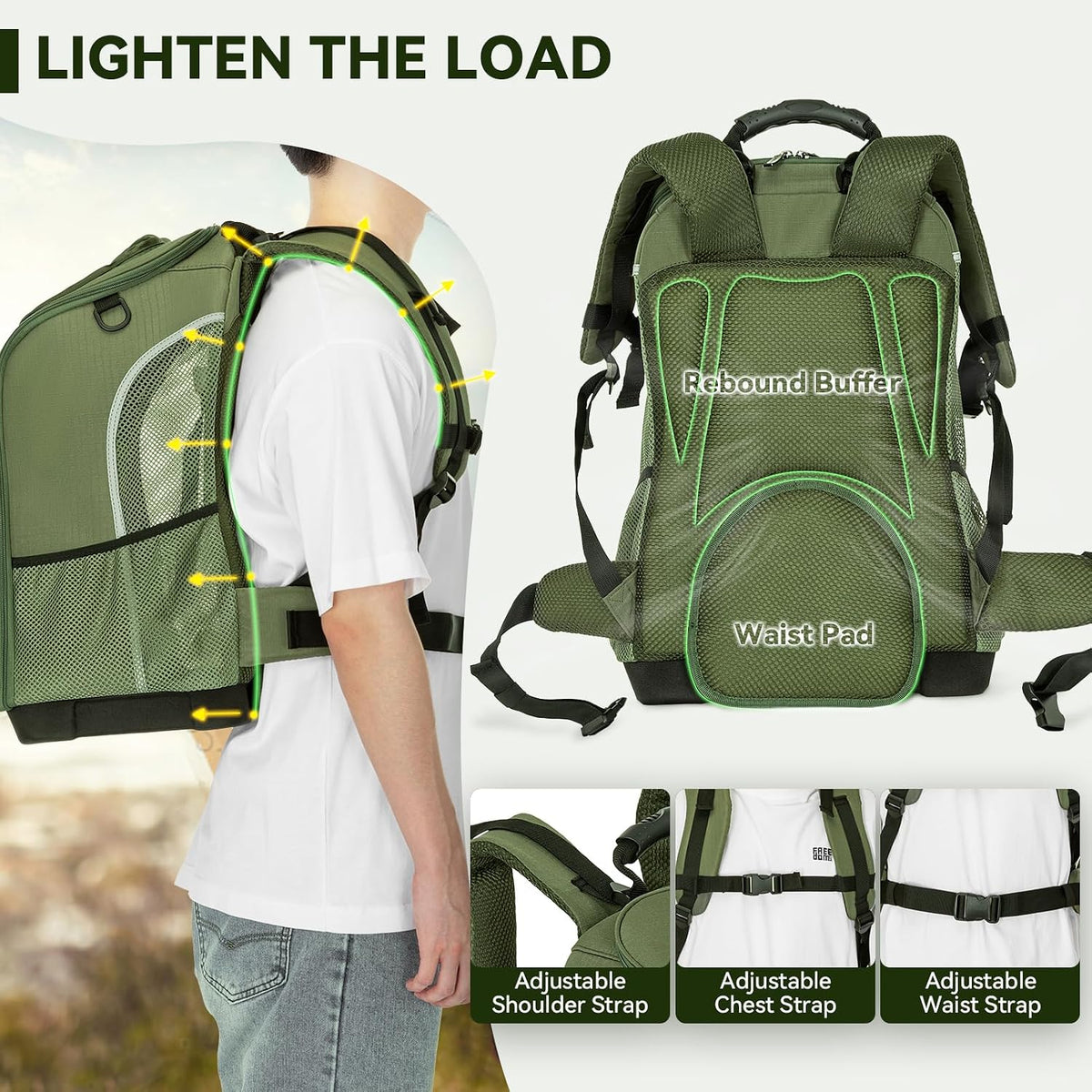 Petsfit Pet Dog Carrier Backpack with Upgraded Weight Reduction Design - 14.0"L x 9.5"W x 19.5"H / Army Green - image 2