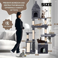 Large Cat Tree Tower for Large Cats, Cat Scratching Post, Self Grooming Post, Interactive Cat Toys, Oversized Perch and Basket, Heavy Duty 72", Dark Grey