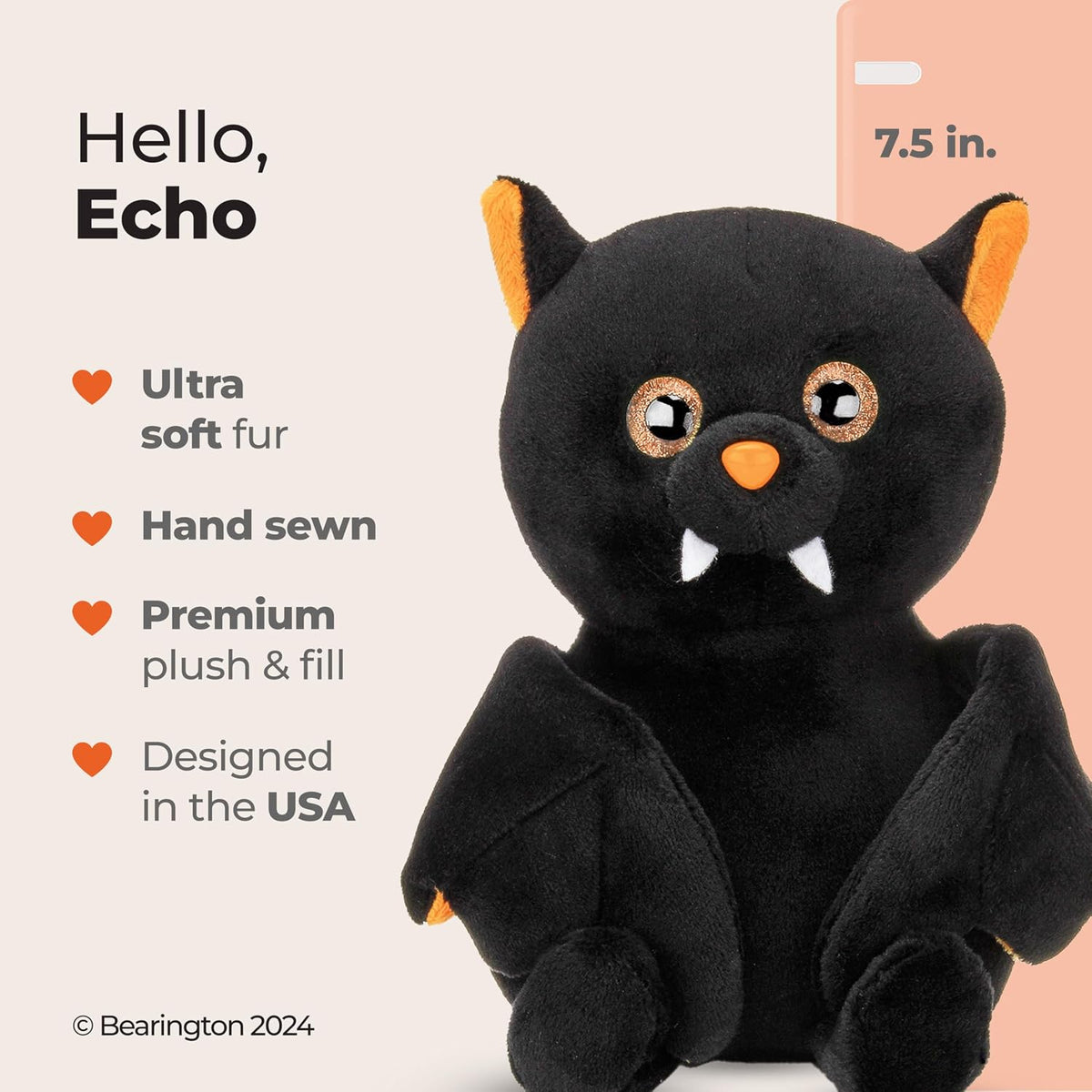 Bearington Collection Echo 7.5 inch black bat Halloween plush with orange wings and ears - view 38