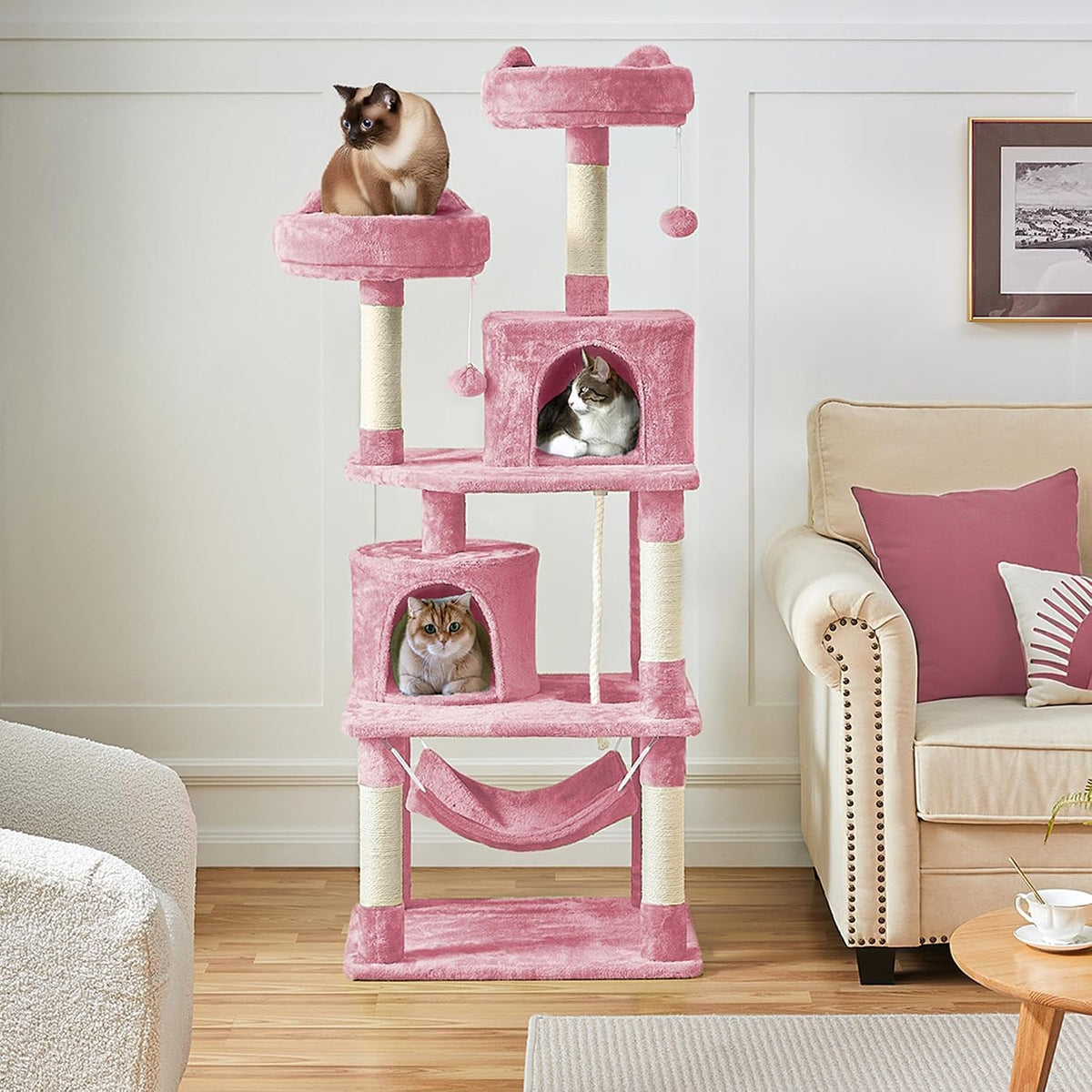 Yaheetech 62.5in Cat Tree with 2 Cat-Ear Perches & 2 Condos - 62.5in / Pink - image 3