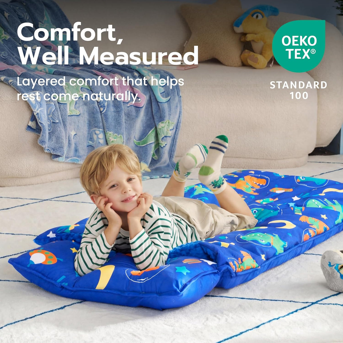 JOIEDOMI Toddler Nap Mat with Removable Pillow and Minky Blanket - Dark Blue Dinosaur - image 3