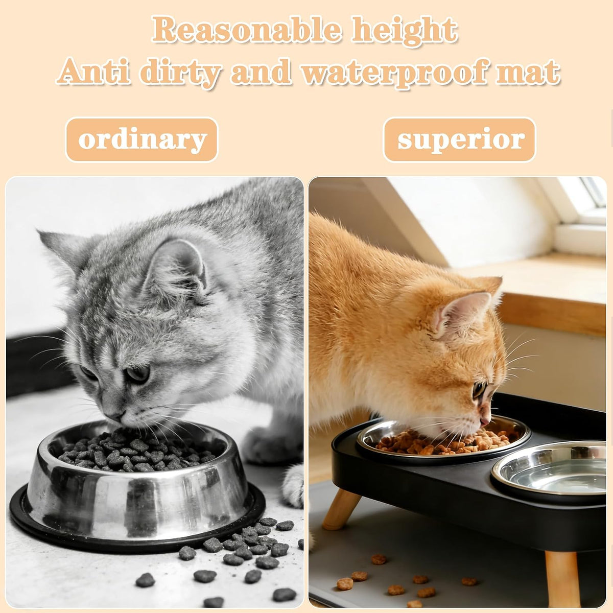 Elevated Cat Bowls with Food Mat - Black - image 2