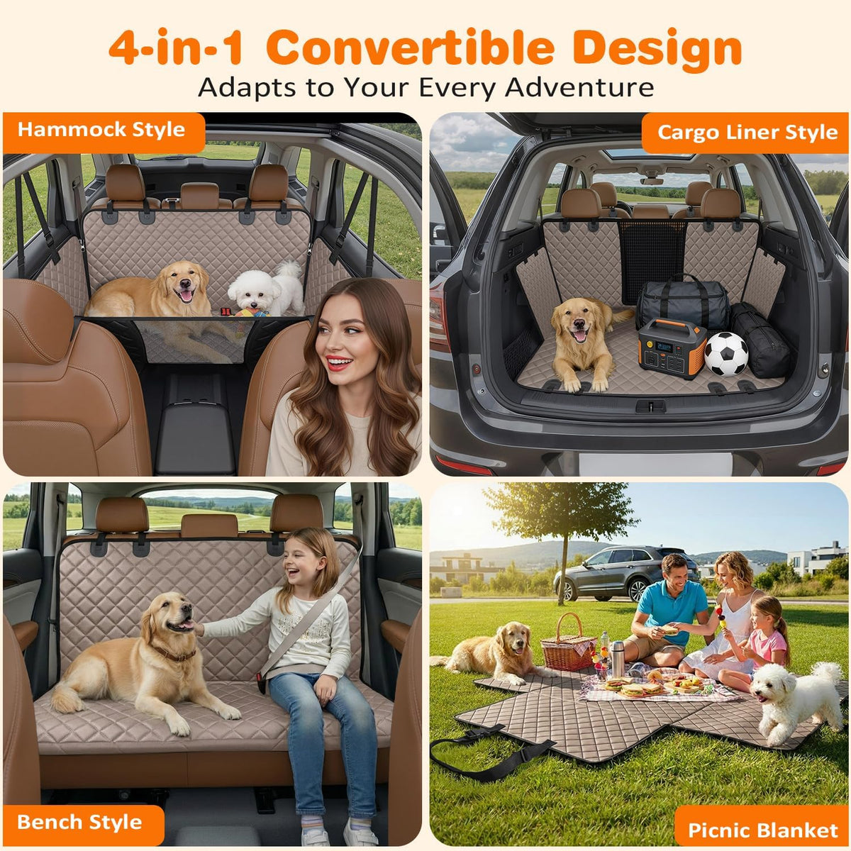 URPOWER 4 in 1 Dog Car Seat Cover for Back Seat - Khaki / X-Large - image 4