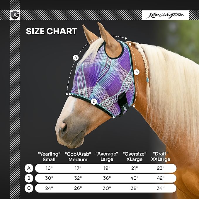 Kensington UV Horse Fly Mask with Web Trim - Protective Mask with Dual Ear Opening & Forelock Freedom - Large, Deluxe Black
