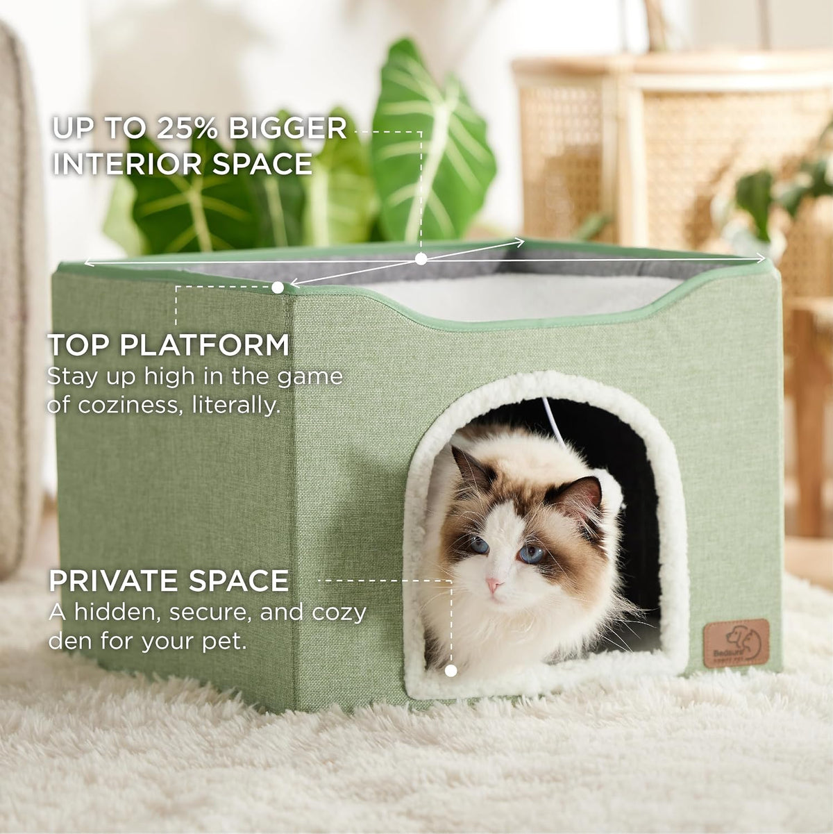 Bedsure Cat House Bed for Indoor Cats with Fluffy Ball and Scratch Pad - Green / Single - image 2
