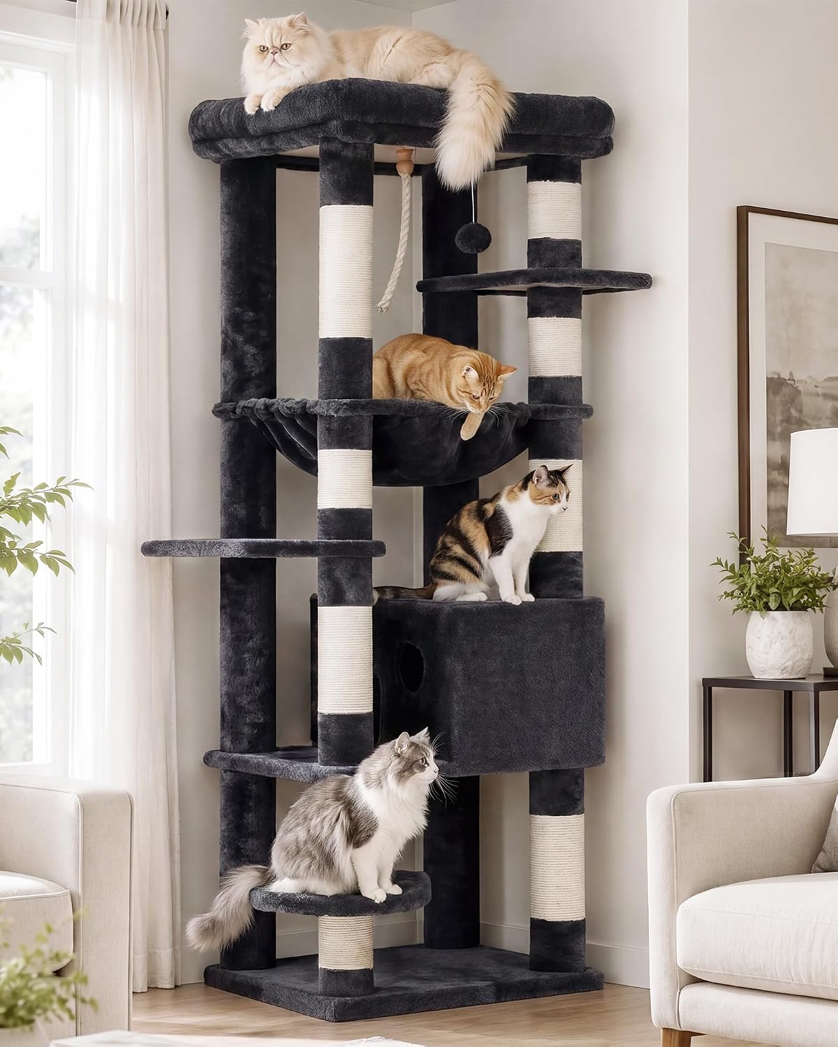 Heybly Cat Tree, 76-Inch Tall Heavy Duty Cat Tower for Big Cats HCT039G – Essentials for Cats - Smoky Gray / 60 inch