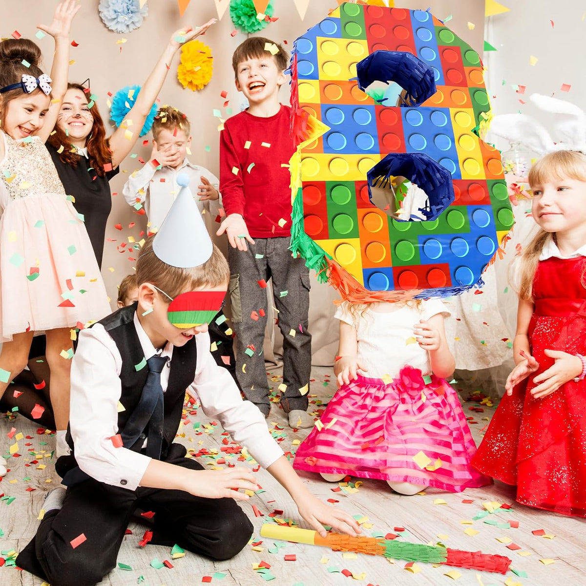 Lemicin 15.75 inch blue pinata stick kit with blindfold, rope and confetti - view 31