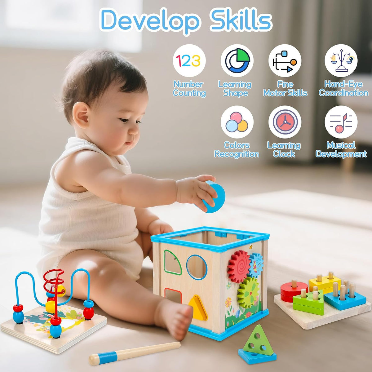 WOODMAM Wooden 7-in-1 Activity Cube - Blue - image 4