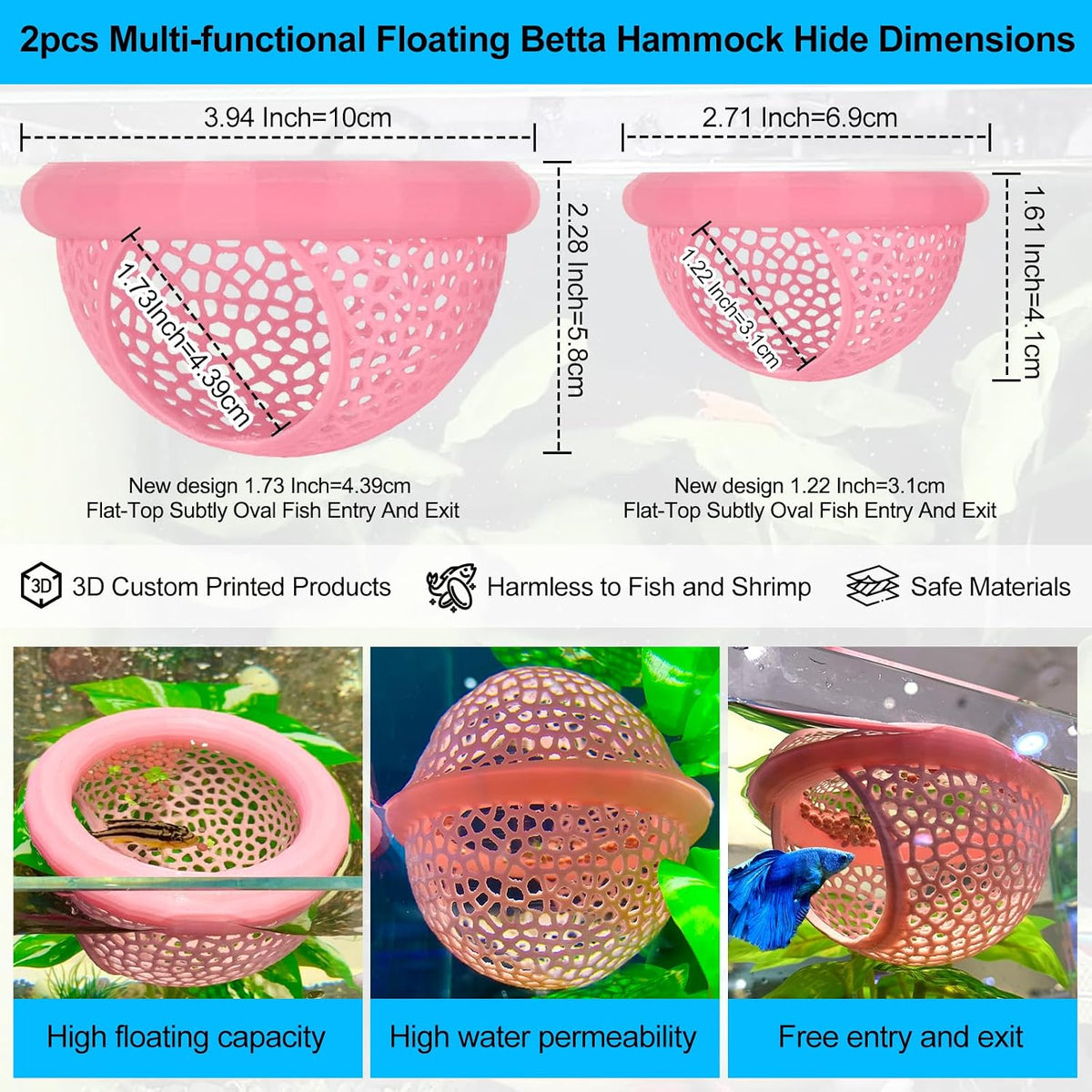 2pcs Wood Fish Feeding Ring for Aquarium，Floating Betta Hammock - Pink / 1pcs big and 1pcs small floating version - image 2