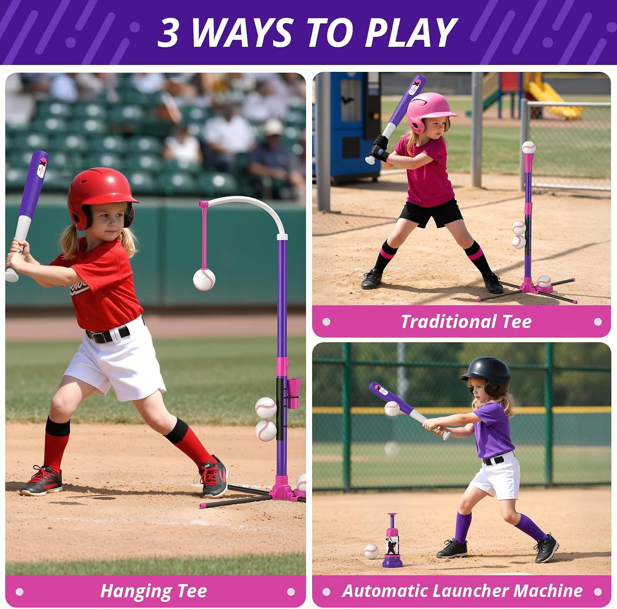 HYES 3-in-1 Baseball Set for kids Auto Pitching Machine – Fun for Kids & Family - Purple - image 2