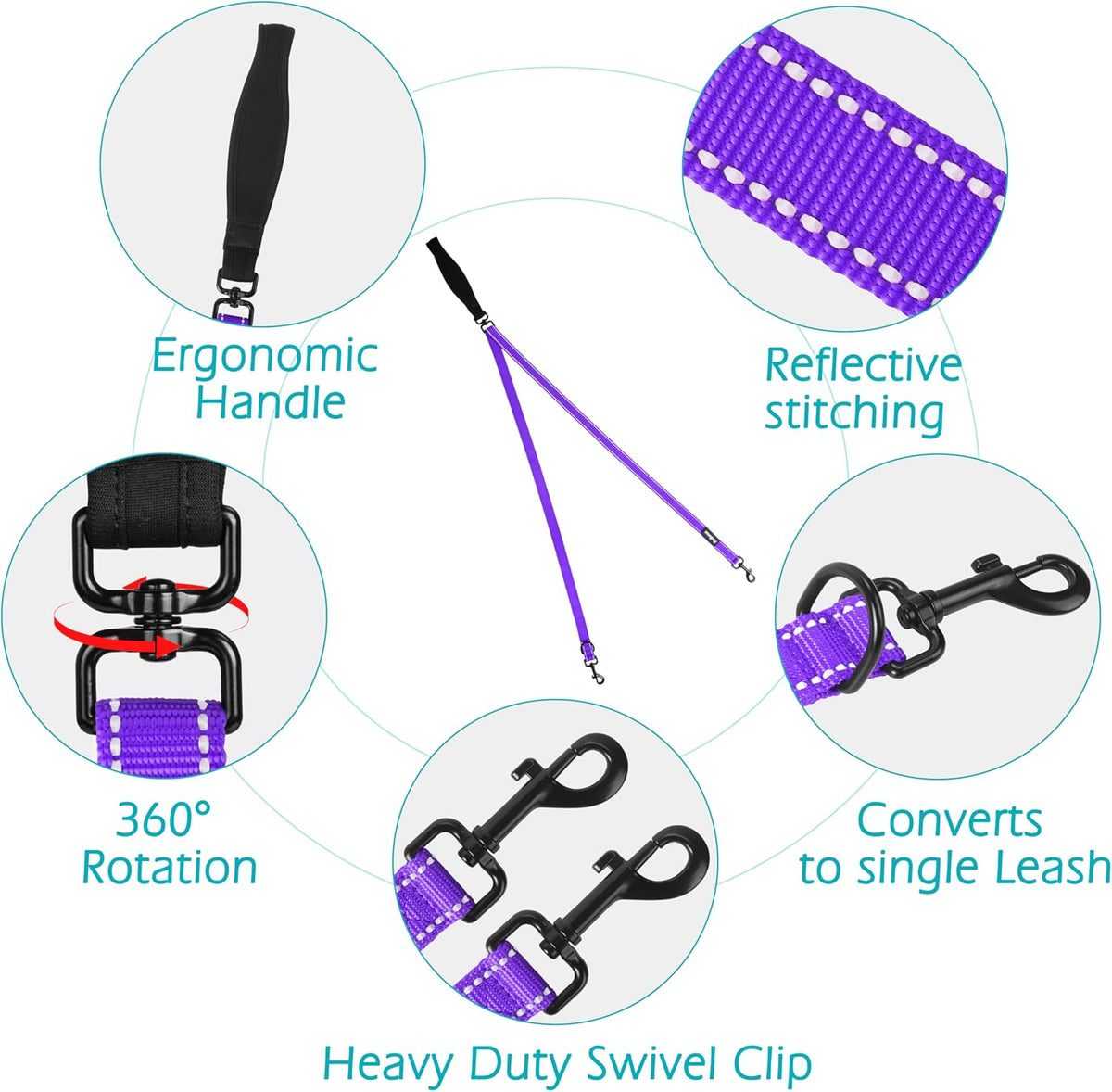 Two Point Control Dog Leash, No Tangle Training Walking Leashes – Essentials for Dogs - Purple - image 3
