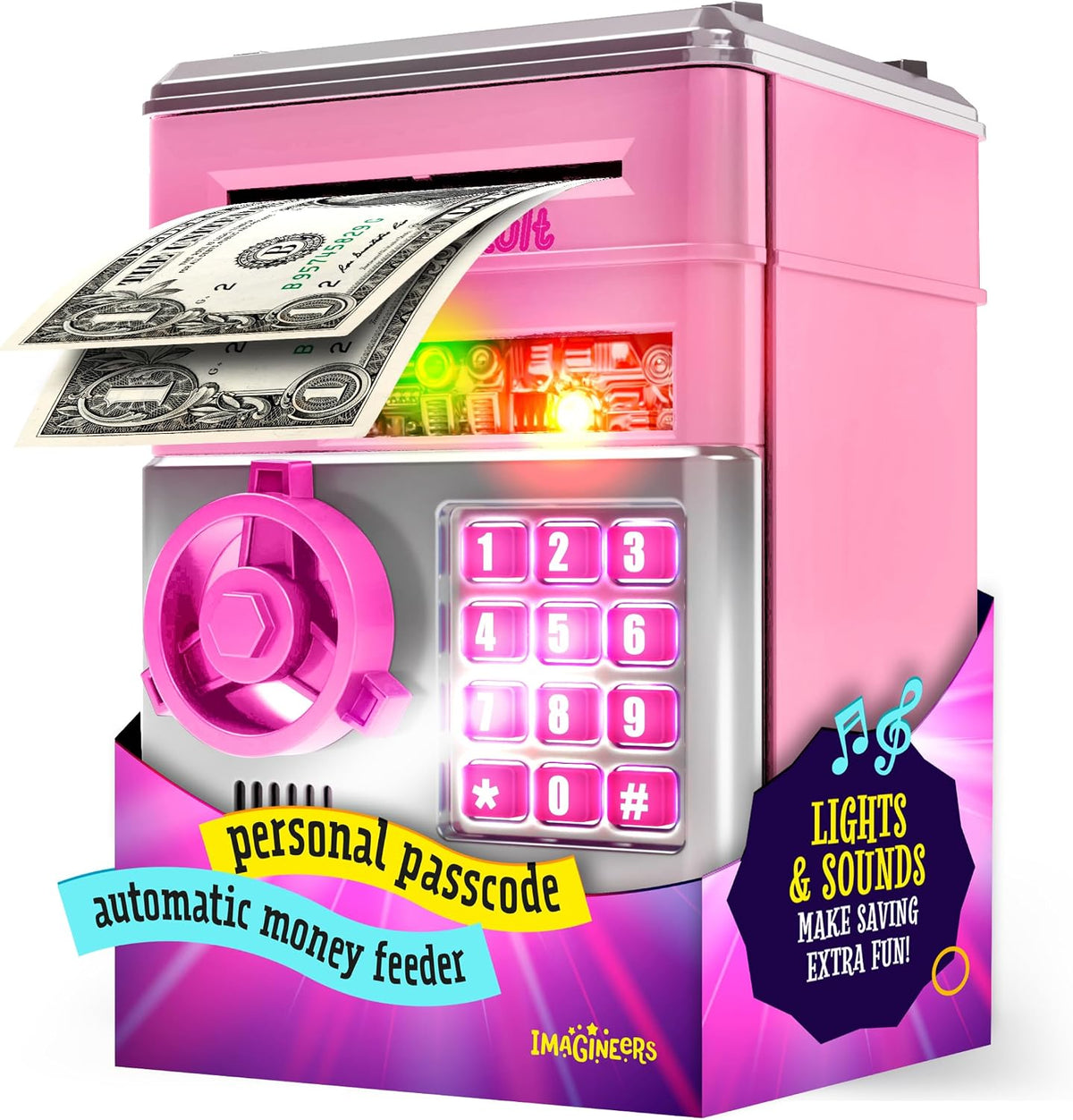 Piggy Bank for Kids, Electronic Money Saving Box w/Code - Pink & Silver