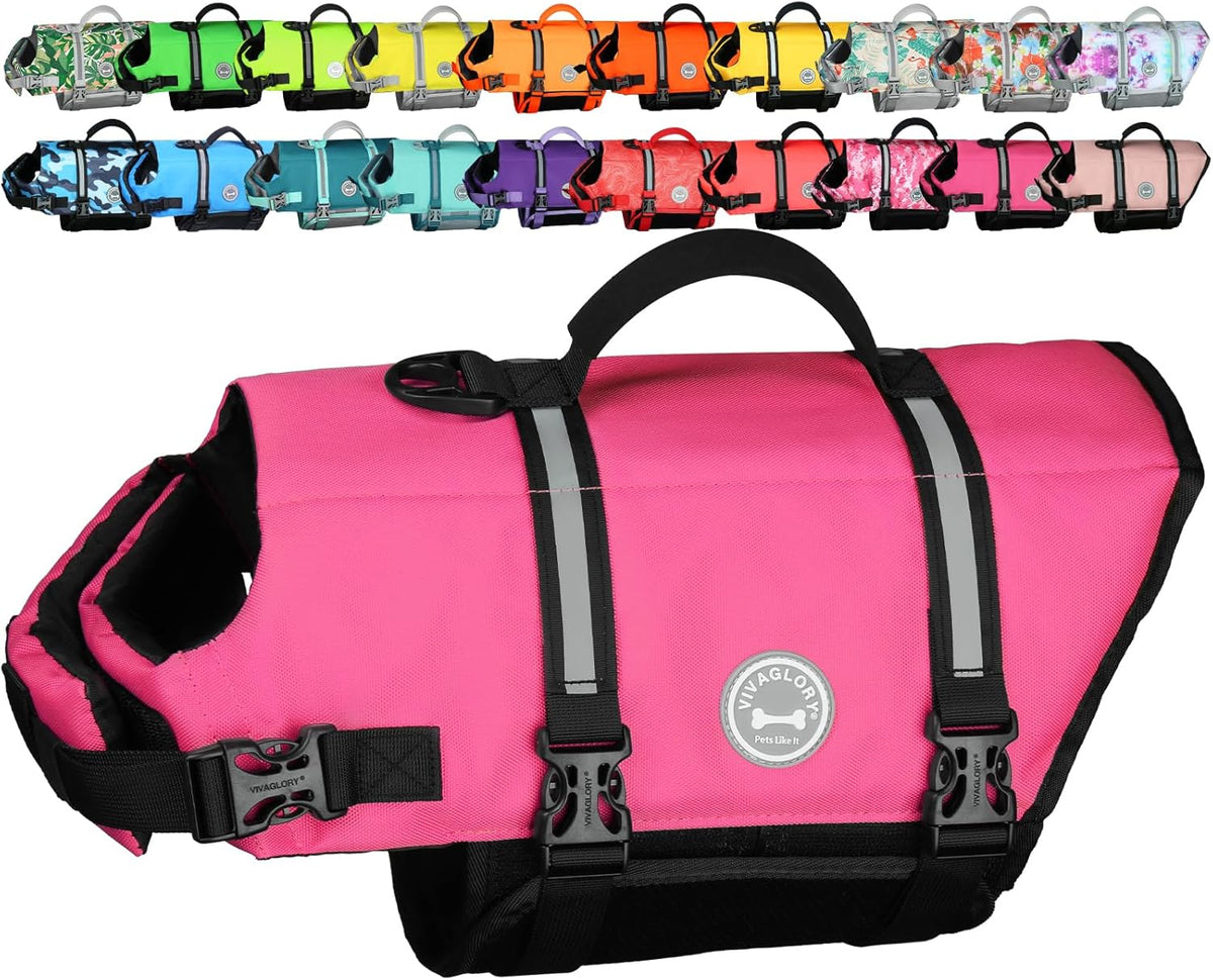 VIVAGLORY Dog Life Vest Rip Stop Dog Swim Vest, L - Pink / XS: 14-17 inch (Ribcage Girth)