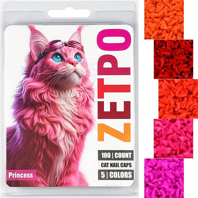 zetpo 100 pcs Cat Nail Caps | Cat Claw Covers | with Adhesives and Applicators (L, Orange, Red, Neon Red, Bright Pink, Rose)