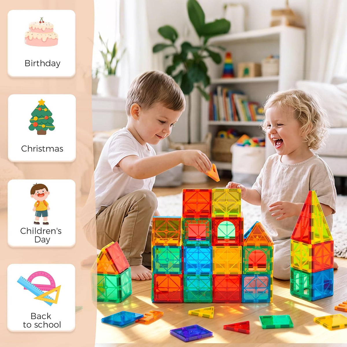 FNJO Magnetic Tiles, 100PCS STEM Building Blocks Toy Set for Kids – Fun for Kids & Family - 64PCS - image 3