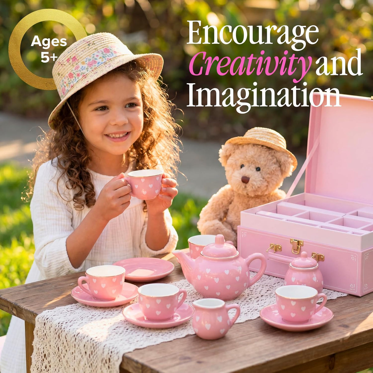 Giggle & Honey white floral tea party set for girls with porcelain teapot, cups and carrying case - view 17